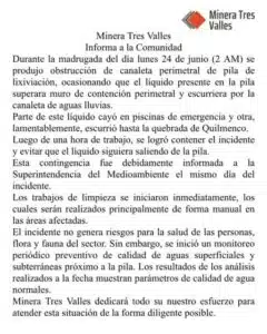 Comunicado Minera Tres Valles sobre incidente ambiental en Quebrada Quilmenco