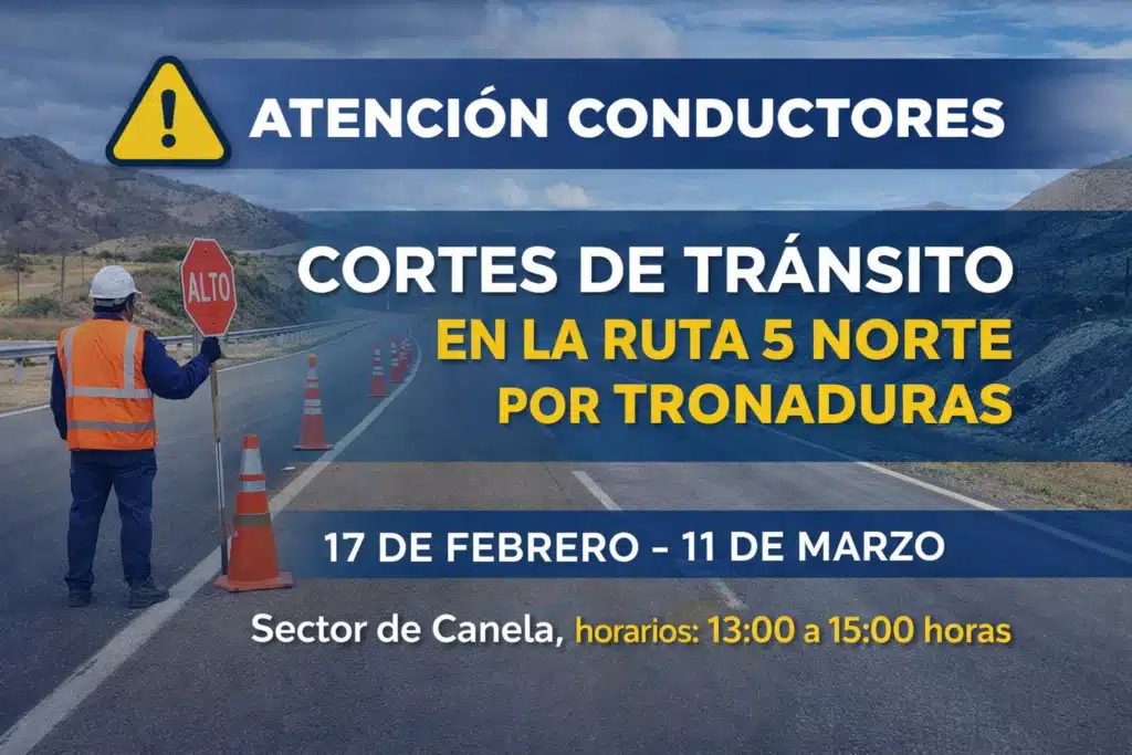 Gráfica informativa sobre cortes de tránsito en la Ruta 5 Norte en Canela por tronaduras entre febrero y marzo, de 13:00 a 15:00 horas.