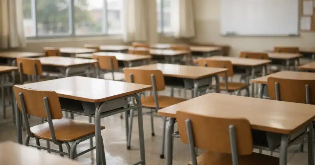Sala de clases vacía con mesas y sillas ordenadas, iluminada por luz natural desde ventanas en un establecimiento educacional