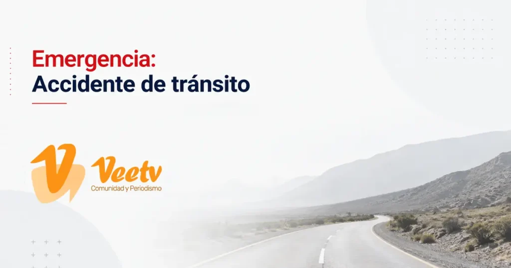 Gráfica de emergencia por accidente de tránsito con camino rural y logo de Veetv en contexto informativo local
